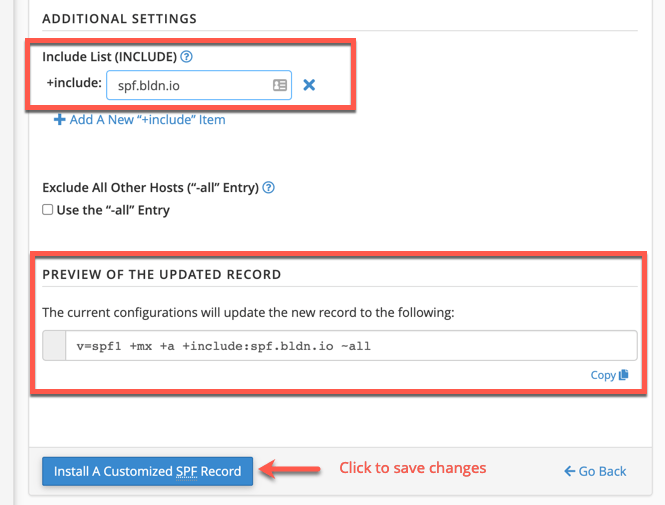 add spf.bldn.io, preview the changes, and save