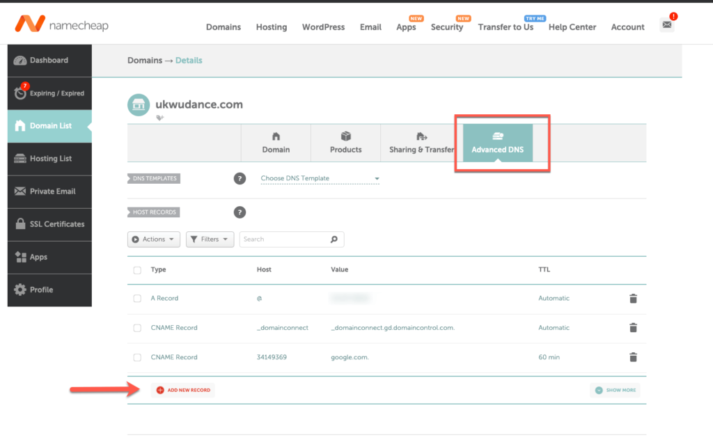 namecheap advanced dns tab