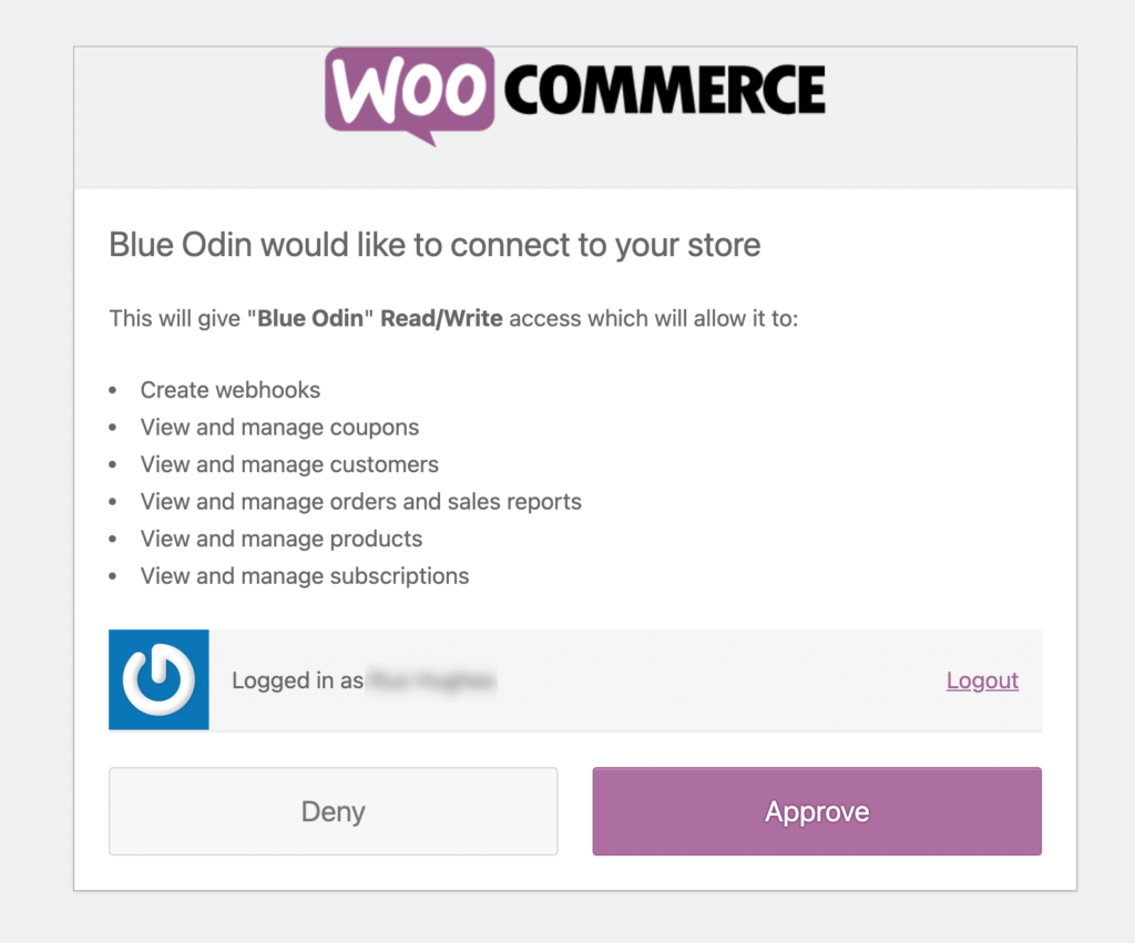 approve blue odin connection to your store