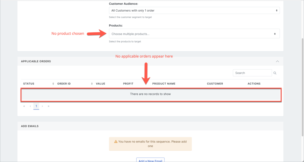 no applicable orders appear when there are no products chosen