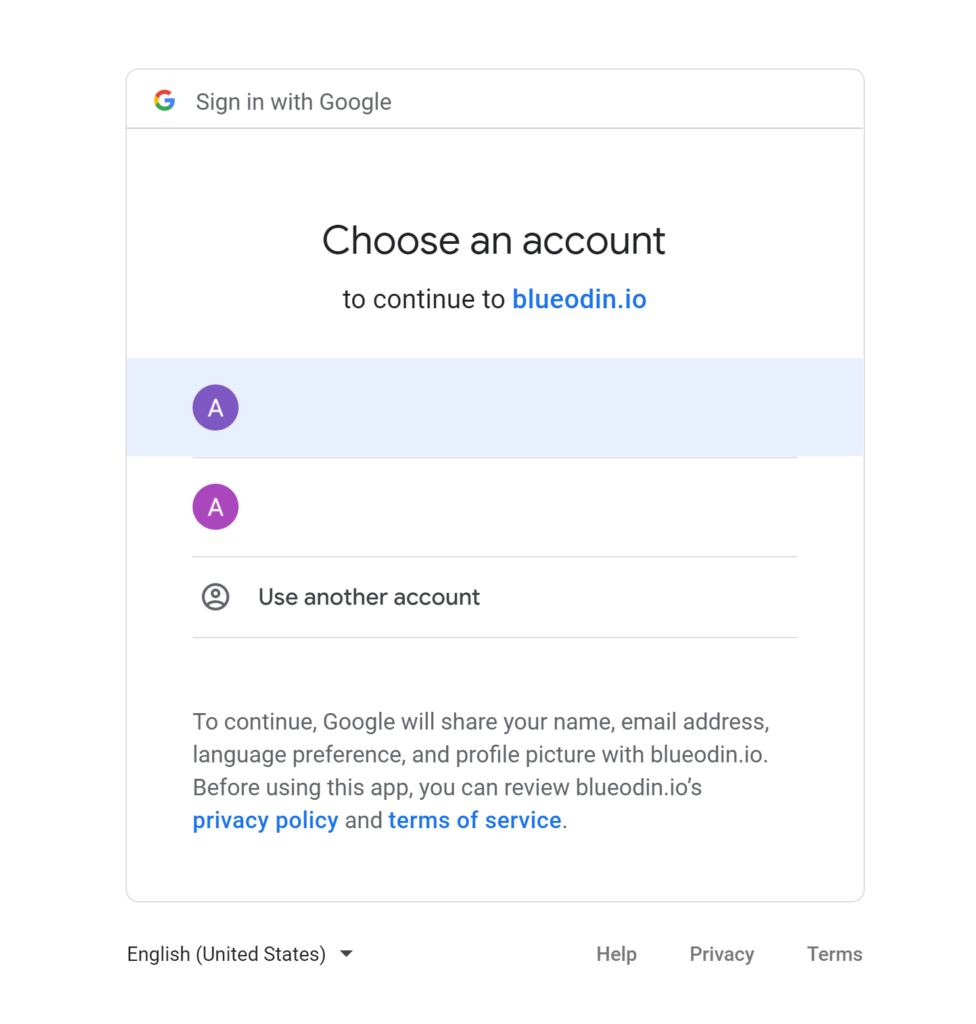 choose a google analytics account to connect to blue odin