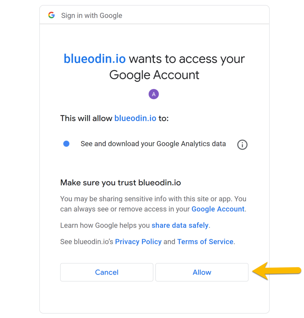 grant permission for blue odin to access your google analytics data